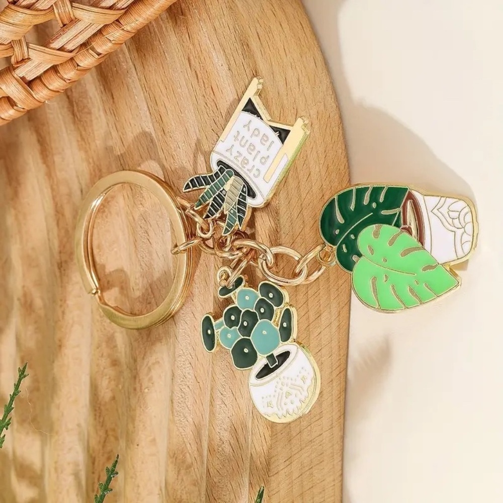 Cute Plant Lover Keychain “Crazy Plant Lady” Charm Ring Cactus & Succulent Gifts - Picture 2 of 4